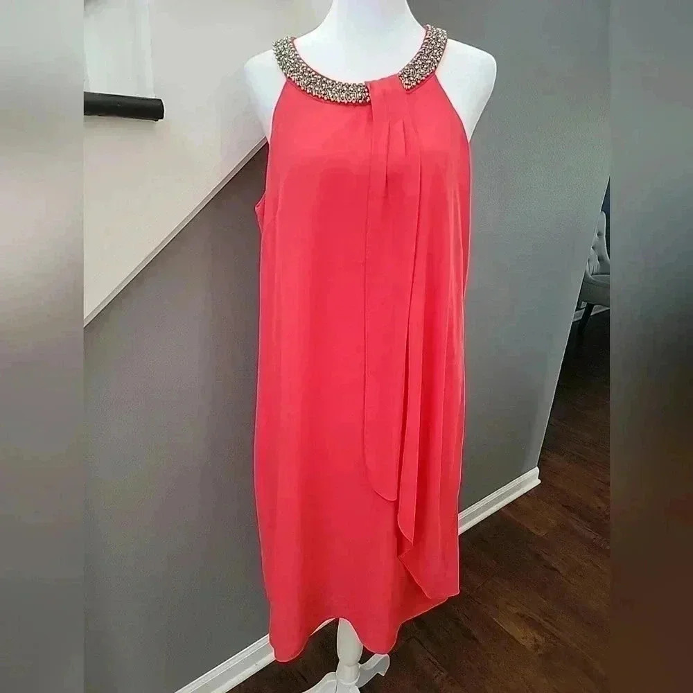 Joseph Ribkoff Coral Midi Dress with Embellished Neckline